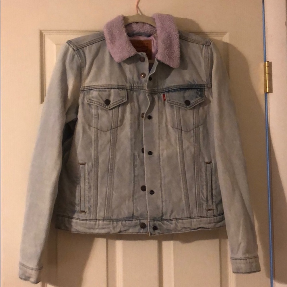 Levi jean jacket with lavender Sherpa collar